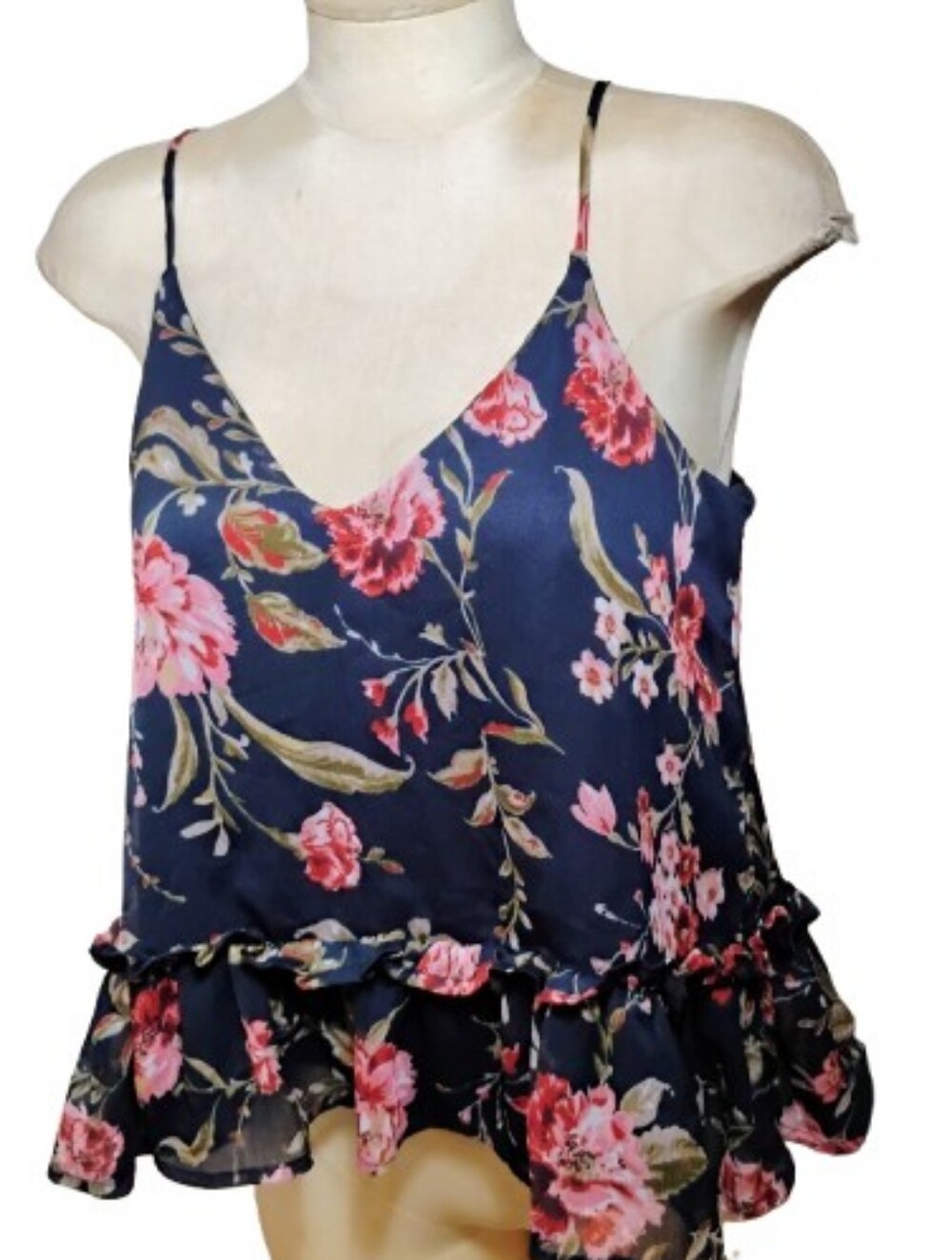 Patrons of Peace Floral Cami Tank Top S Navy Pink Boho Ruffle Hem Sheer